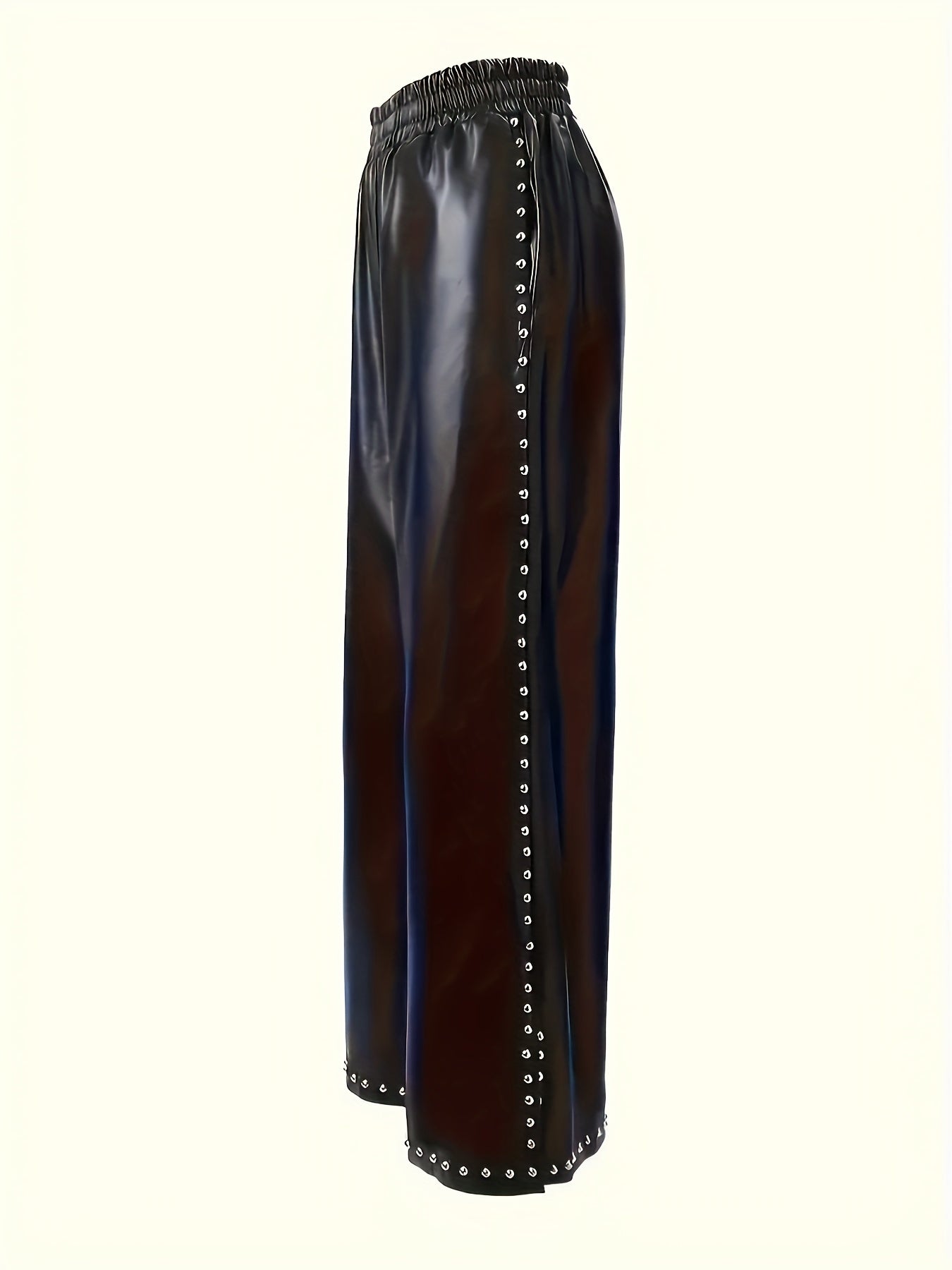 Stylish Faux Leather Women High-Waisted Wide Leg Pants with Beaded Details and Slit Hem