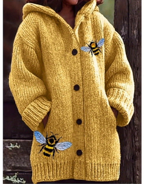 Load image into Gallery viewer, Plus Size - Women Cozy Yellow Hooded Cardigan with Bee Embroidery - Thick, Warm Sweater for Fall &amp; Winter, Casual V-Neck Design with Black Buttons, Long Sleeves, and Pockets, Winter Cardigan
