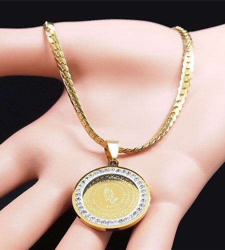 Elegant Golden-Tone Stainless Steel Serenity Prayer Hand Pendant Necklace with Crystal Accents - Hip Hop/Vintage Style Religious Jewelry for Men & Women, Perfect for Daily Wear