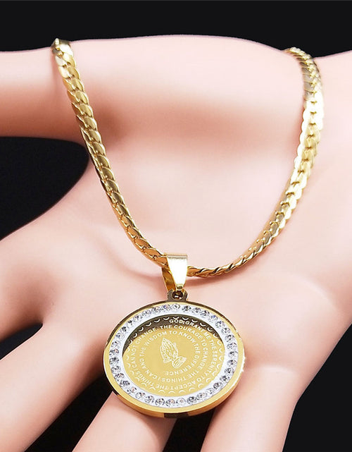 Load image into Gallery viewer, Elegant Golden-Tone Stainless Steel Serenity Prayer Hand Pendant Necklace with Crystal Accents - Hip Hop/Vintage Style Religious Jewelry for Men &amp; Women, Perfect for Daily Wear
