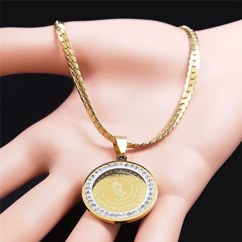 Elegant Golden-Tone Stainless Steel Serenity Prayer Hand Pendant Necklace with Crystal Accents - Hip Hop/Vintage Style Religious Jewelry for Men & Women, Perfect for Daily Wear