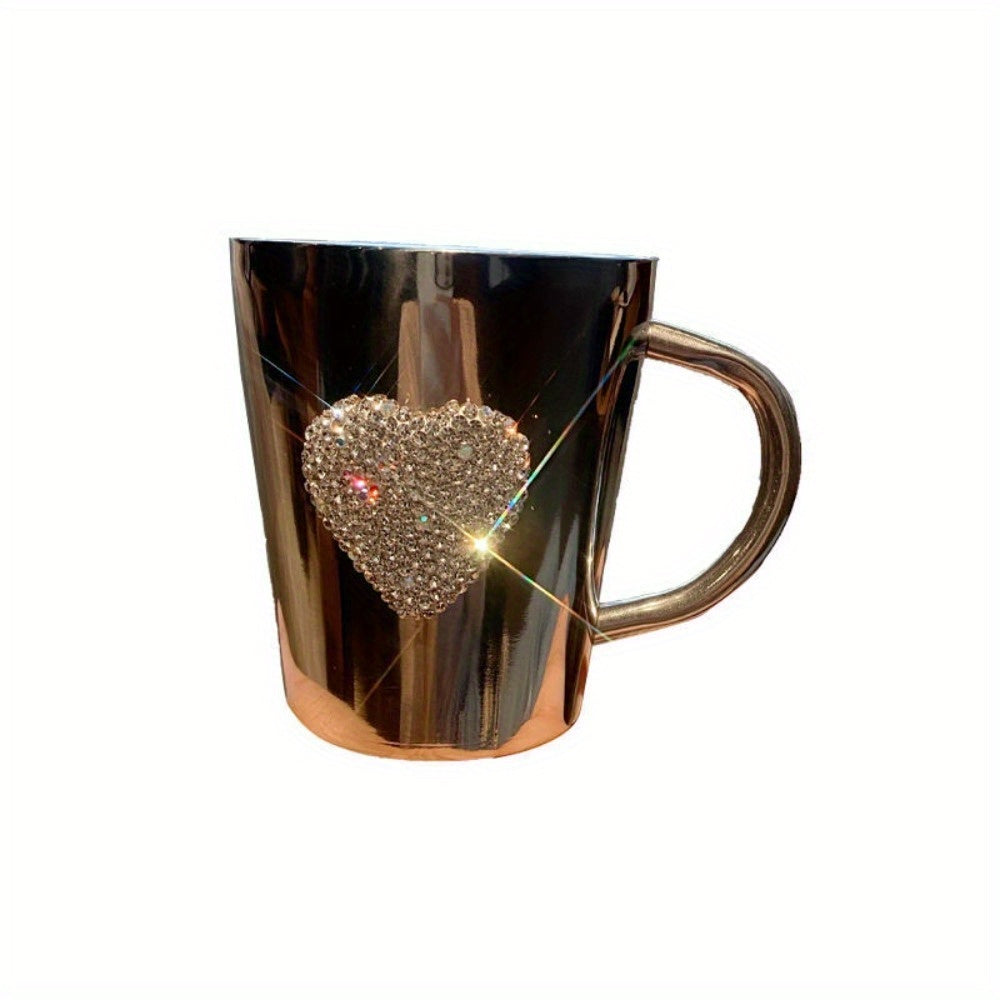 1pc Diamond-Studded Heart-Shaped Stainless Steel Coffee Mug - 304 Stainless Steel, Portable Travel Cup with Sparkling Diamond Accents, Elegant Gift for Coffee & Tea Lovers