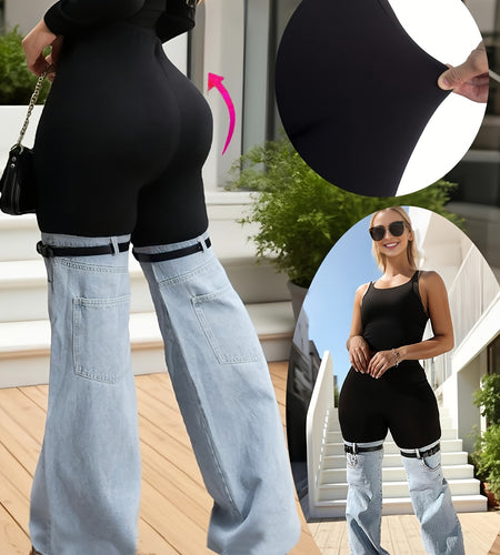 Women High Waist Slim Fit Flare Leggings - Black & Light Wash Denim Bell-Bottom Pants with Adjustable Buckle Strap,  Retro Streetwear Style, All-Season Stretch Denim for Casual Outfits