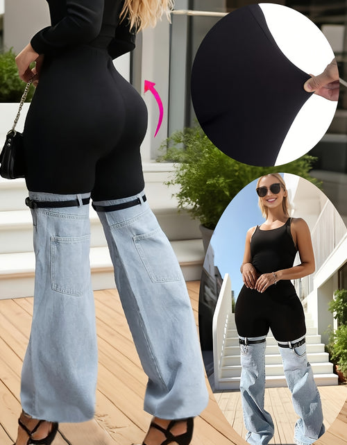 Load image into Gallery viewer, Women High Waist Slim Fit Flare Leggings - Black &amp; Light Wash Denim Bell-Bottom Pants with Adjustable Buckle Strap,  Retro Streetwear Style, All-Season Stretch Denim for Casual Outfits
