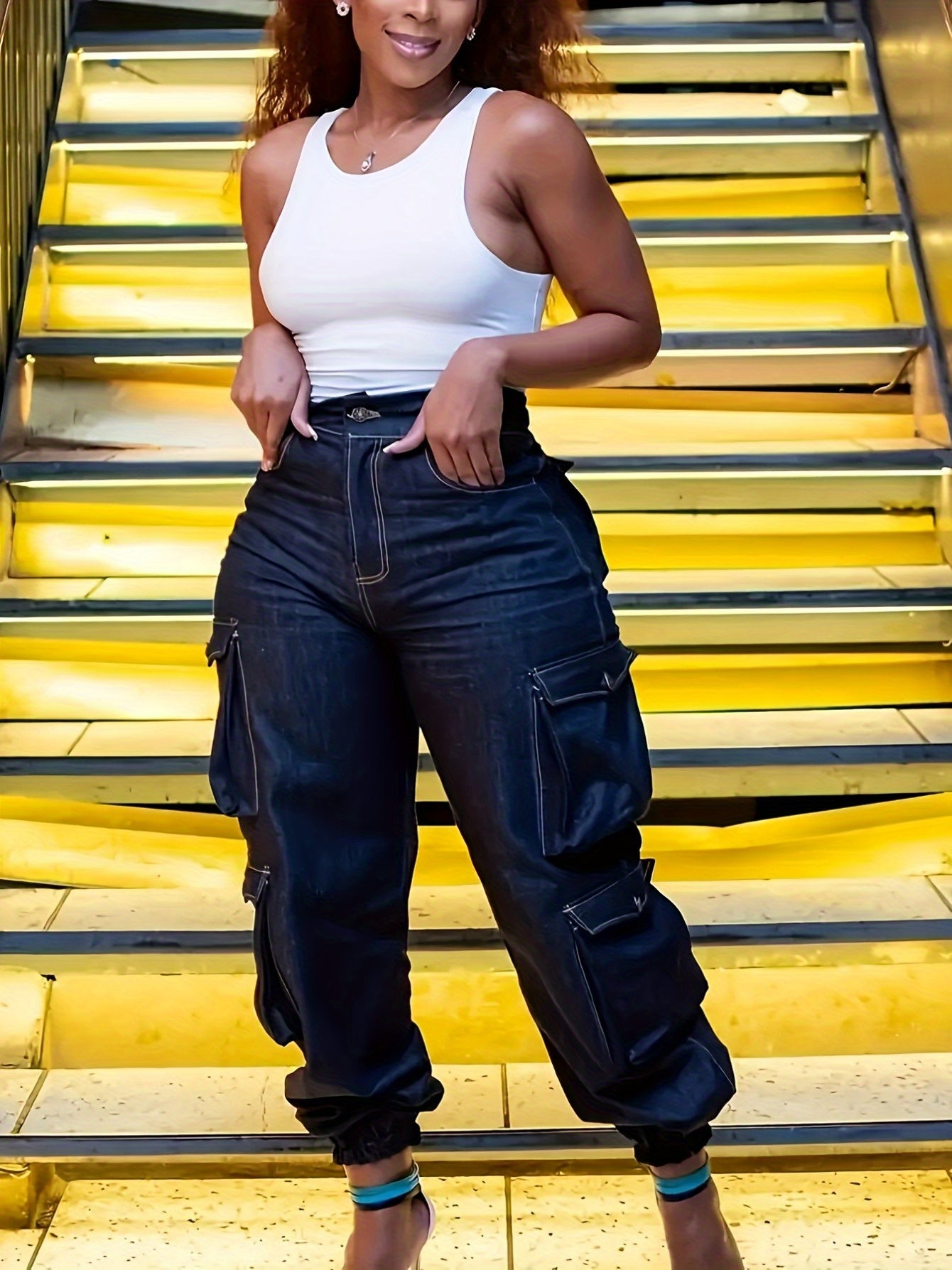 Stretch Skinny High Waist Cargo Jeans for Women | Multiple Utility Pockets, Machine Washable