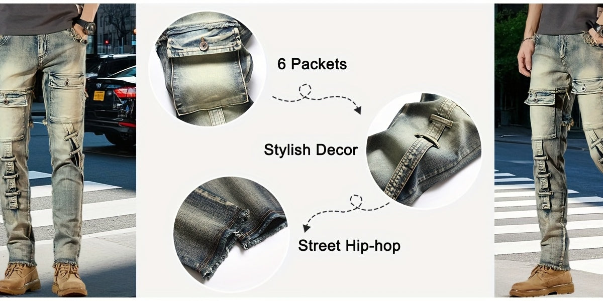 Men  Biker Moto Washed Distressed Slim Fit Straight Jeans Denim