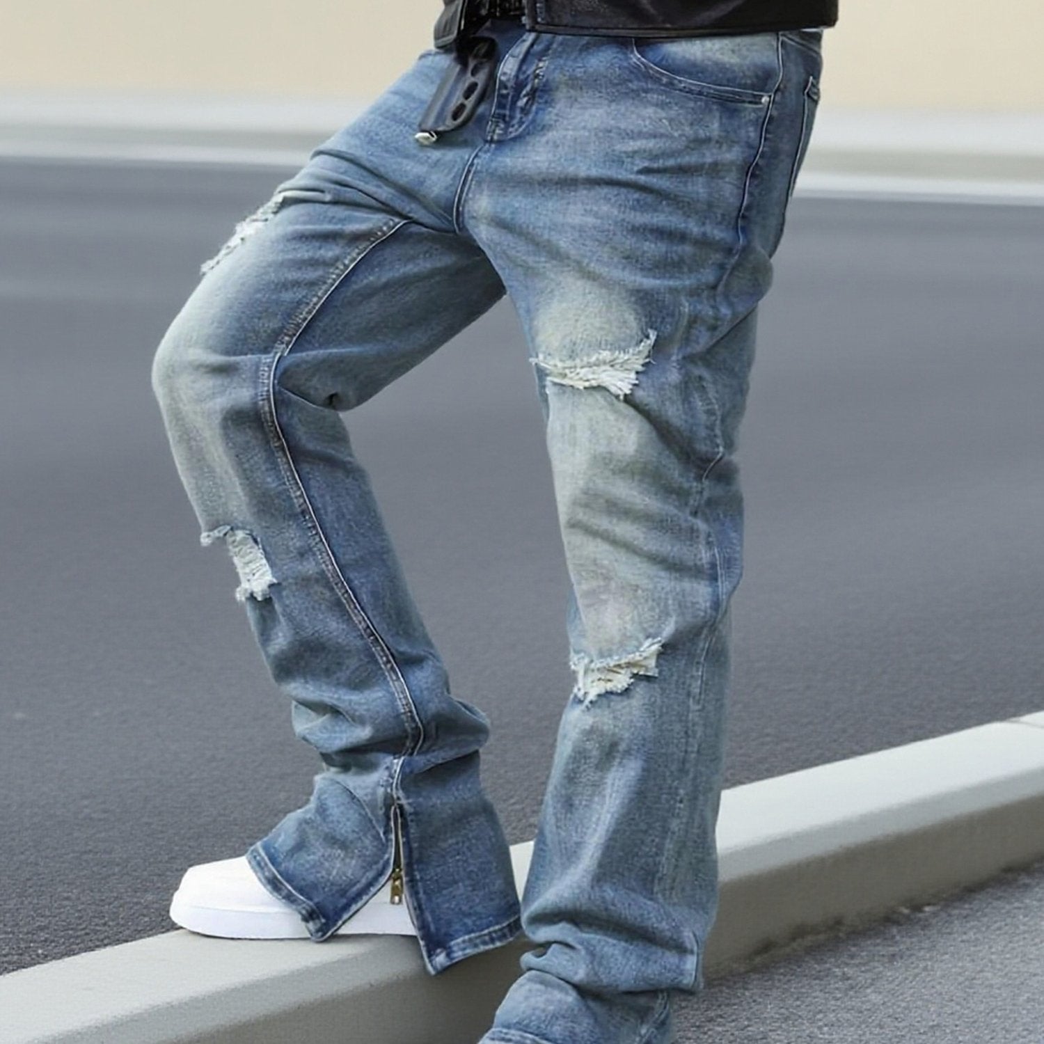 Men's straight-leg distressed jeans- mid-rise, stretch blend, leg zipper design, street style, ripped details, comfortable and versatile,  stylish long pants Slim-fit jeans Durable fabric