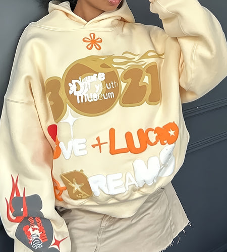 Men's Retro Hip-Hop Streetwear Hoodie - Oversized Loose Fit, Long Sleeve, "It's Not Your Fault" Graphic Design, Beige with Black & White Print, Casual Pullover for Casual Attire