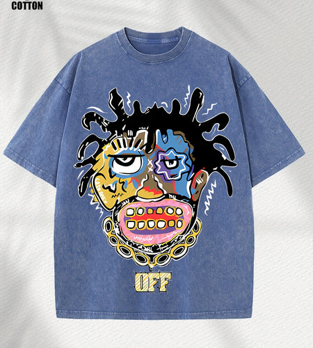 Home Relaxation | Men's Trendy Washed Cotton Graphic Tee - Blue Short Sleeve with Colorful Abstract Face & "OFF" Print, Casual Summer Shirt