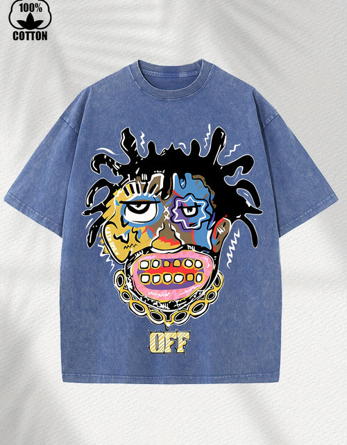 Load image into Gallery viewer, Home Relaxation | Men&#39;s Trendy Washed Cotton Graphic Tee - Blue Short Sleeve with Colorful Abstract Face &amp; &quot;OFF&quot; Print, Casual Summer Shirt
