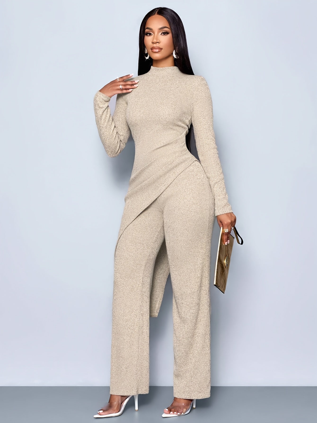 Ladies' Elegant Minimalist Asymmetrical  High-Neck Shirt Long Pants Set