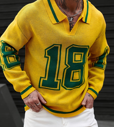 Men Basketball-Inspired Knit Pullover Sweater, Geometric Pattern Long Sleeve Casual sports knit tops, Men's autumn and winter knitted pullover.