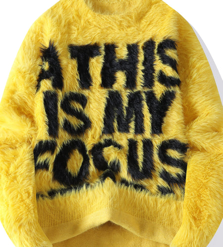 Men's Thick Fuzzy Sweater with Fleece & "THIS IS MY FOCUS" Letter Print - White/Black Winter Warm Coat Jacket-like Collar, Loose Fit Round Neck Pullover for Casual & Wear (No-Sew Design)