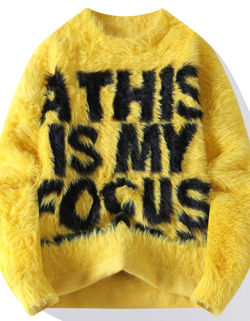 Load image into Gallery viewer, Men&#39;s Thick Fuzzy Sweater with Fleece &amp; &quot;THIS IS MY FOCUS&quot; Letter Print - White/Black Winter Warm Coat Jacket-like Collar, Loose Fit Round Neck Pullover for Casual &amp; Wear (No-Sew Design)

