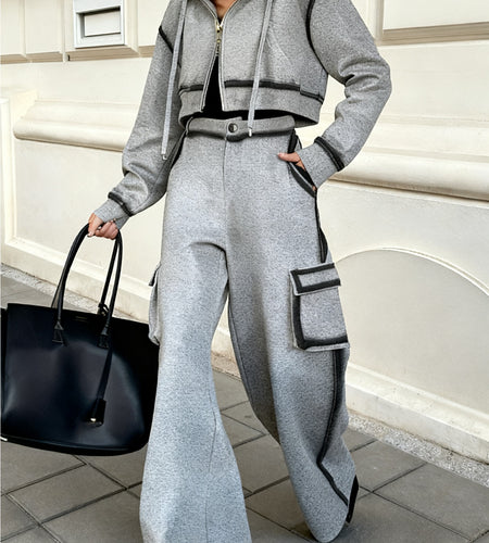 Gray Cropped Hooded Zipper Contrast Black Stripe Top + Utility Wide-Leg Pants Women's Set | Edgy Utility Niche Design, Ideal for Trendy Streetwear, Casual Gatherings & Daily Styling Looks