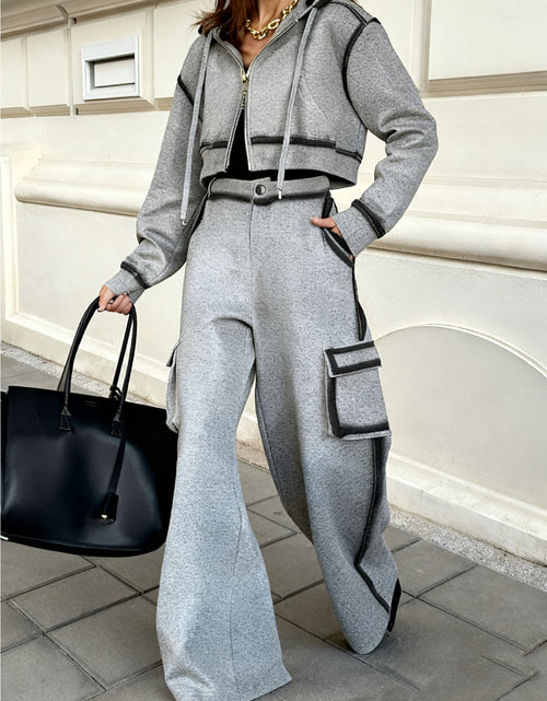 Load image into Gallery viewer, Gray Cropped Hooded Zipper Contrast Black Stripe Top + Utility Wide-Leg Pants Women's Set | Edgy Utility Niche Design, Ideal for Trendy Streetwear, Casual Gatherings &amp; Daily Styling Looks
