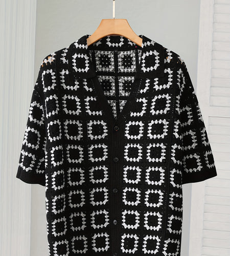 Men's Geometric Crochet Cardigan - Black & White Contrast Short Sleeve Open Front Button Detail, Relaxed Fit Casual All-Season Knit Sweater, Versatile Fashion, Classic Turndown Collar, Elegant Button Closure