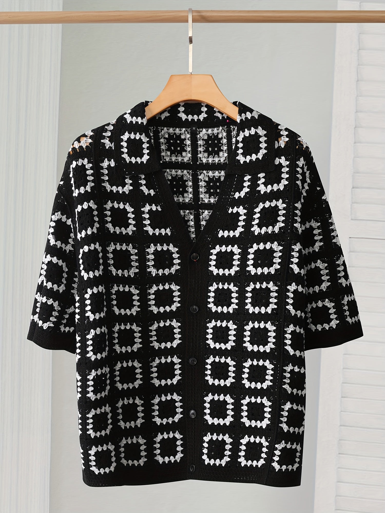 Men's Geometric Crochet Cardigan - Black & White Contrast Short Sleeve Open Front Button Detail, Relaxed Fit Casual All-Season Knit Sweater, Versatile Fashion, Classic Turndown Collar, Elegant Button Closure