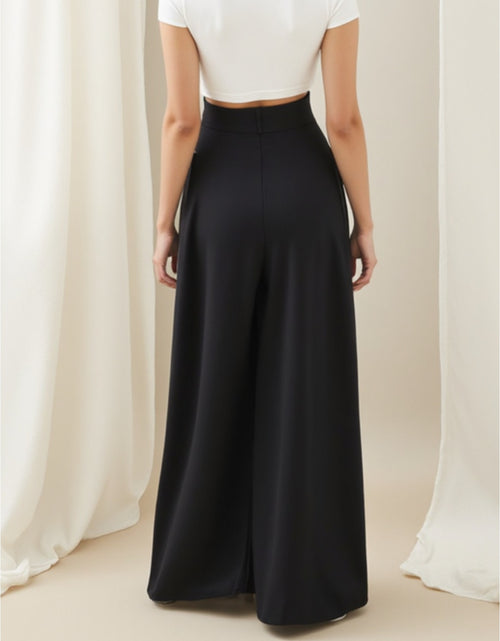 Load image into Gallery viewer, Women  High-Waisted Wide-Leg Trousers with Tie-Front Waist &amp; Belted Collar - Elegant Winter Pants for, Commuting, Dates - Non-Stretch Fall/Winter Outfits (Solid Black) - Hand Washable
