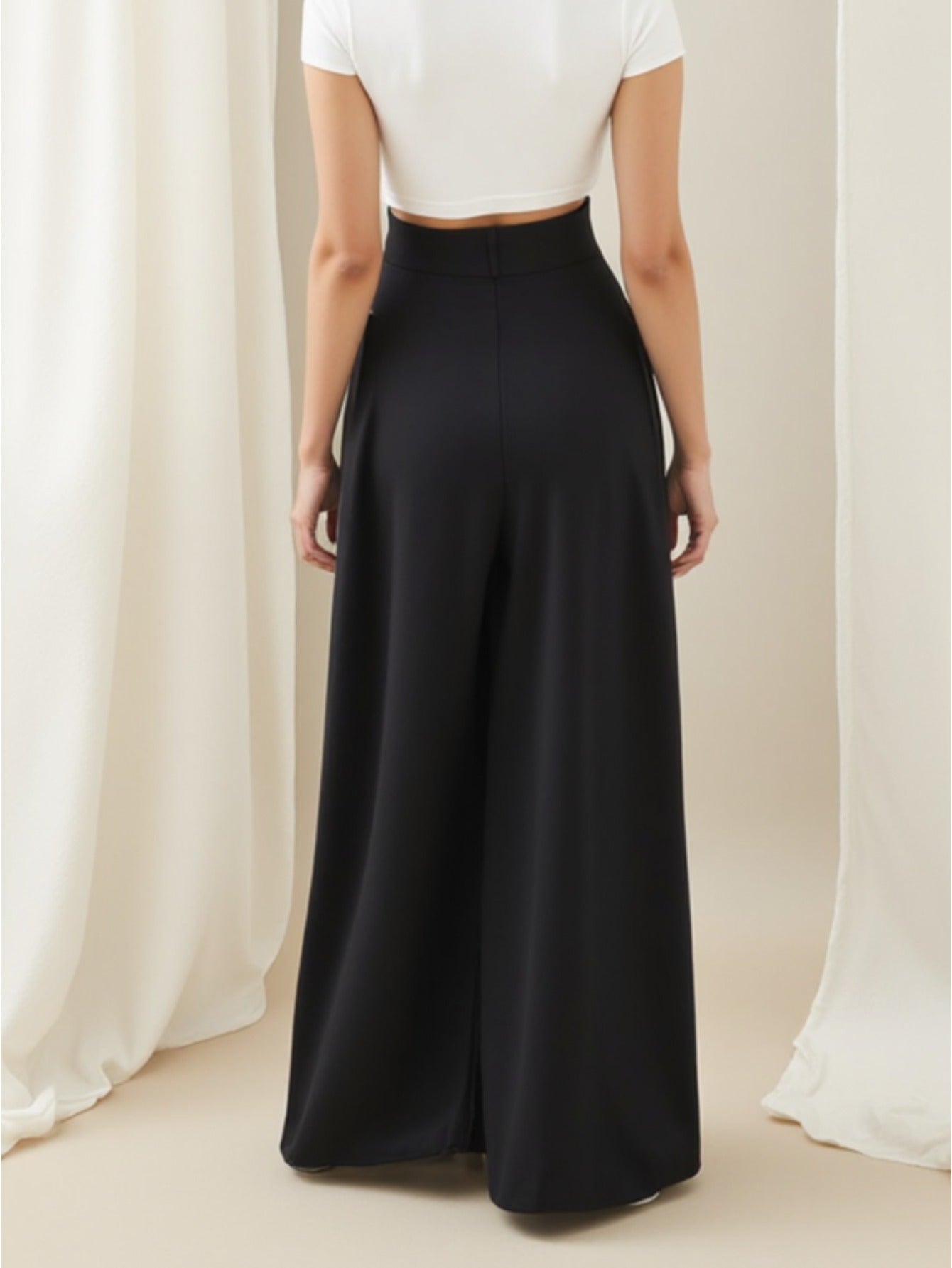 Women  High-Waisted Wide-Leg Trousers with Tie-Front Waist & Belted Collar - Elegant Winter Pants for, Commuting, Dates - Non-Stretch Fall/Winter Outfits (Solid Black) - Hand Washable