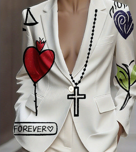 Plus Size, Elegant Long-sleeved Women's Printed Suit Jacket White Embroidered Heart Cross Print Blazer Suit for Women Fashion Statement