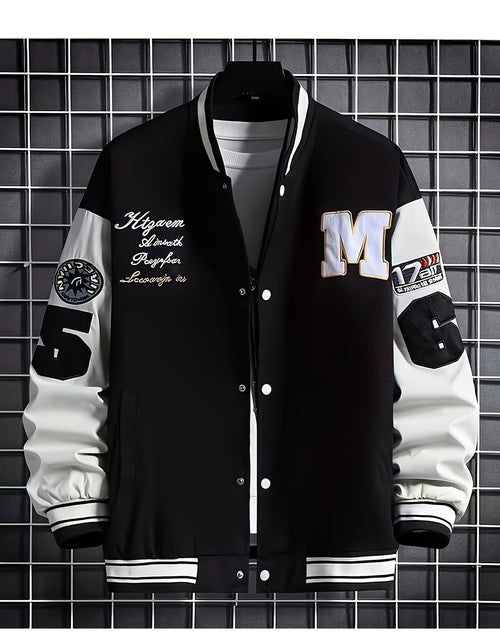 Load image into Gallery viewer, Plus Size Men Baseball Jacket, Casual Polyester Stand Collar with Snap Closure, Non-Stretch Woven Fabric, Loose Fit, with Monogram Patches, for Spring/Fall - Men Sports &amp; Active
