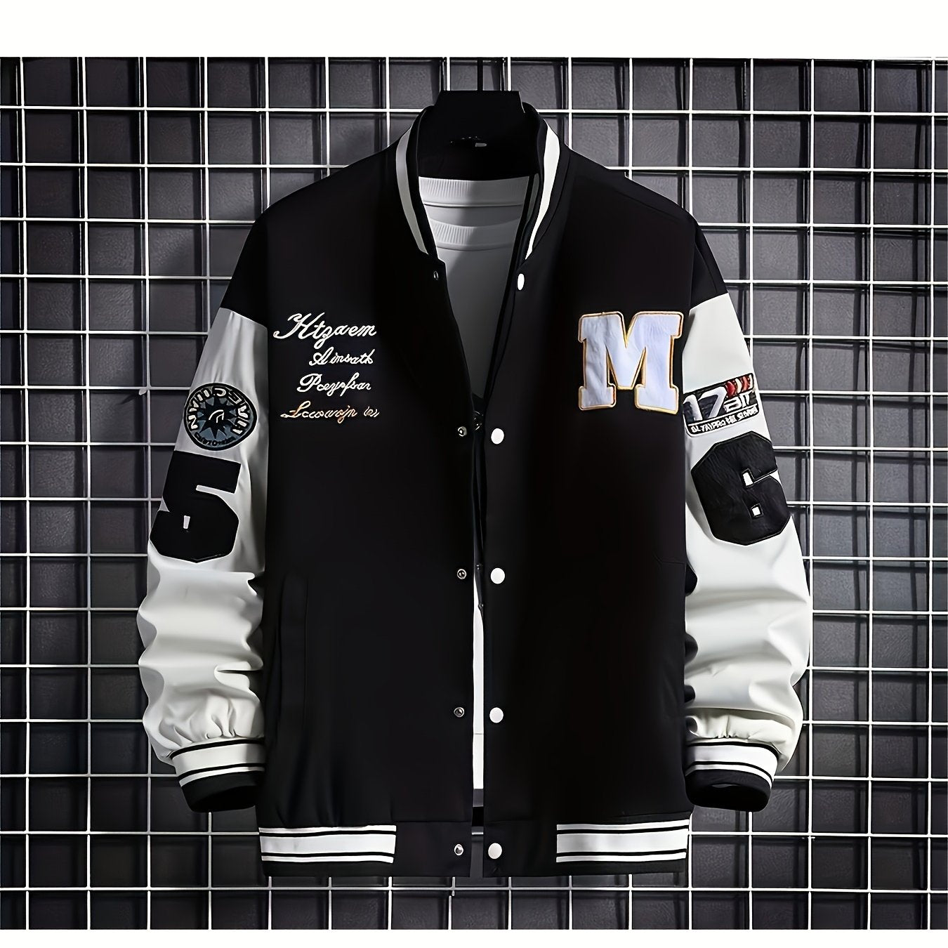 Plus Size Men Baseball Jacket, Casual Polyester Stand Collar with Snap Closure, Non-Stretch Woven Fabric, Loose Fit, with Monogram Patches, for Spring/Fall - Men Sports & Active