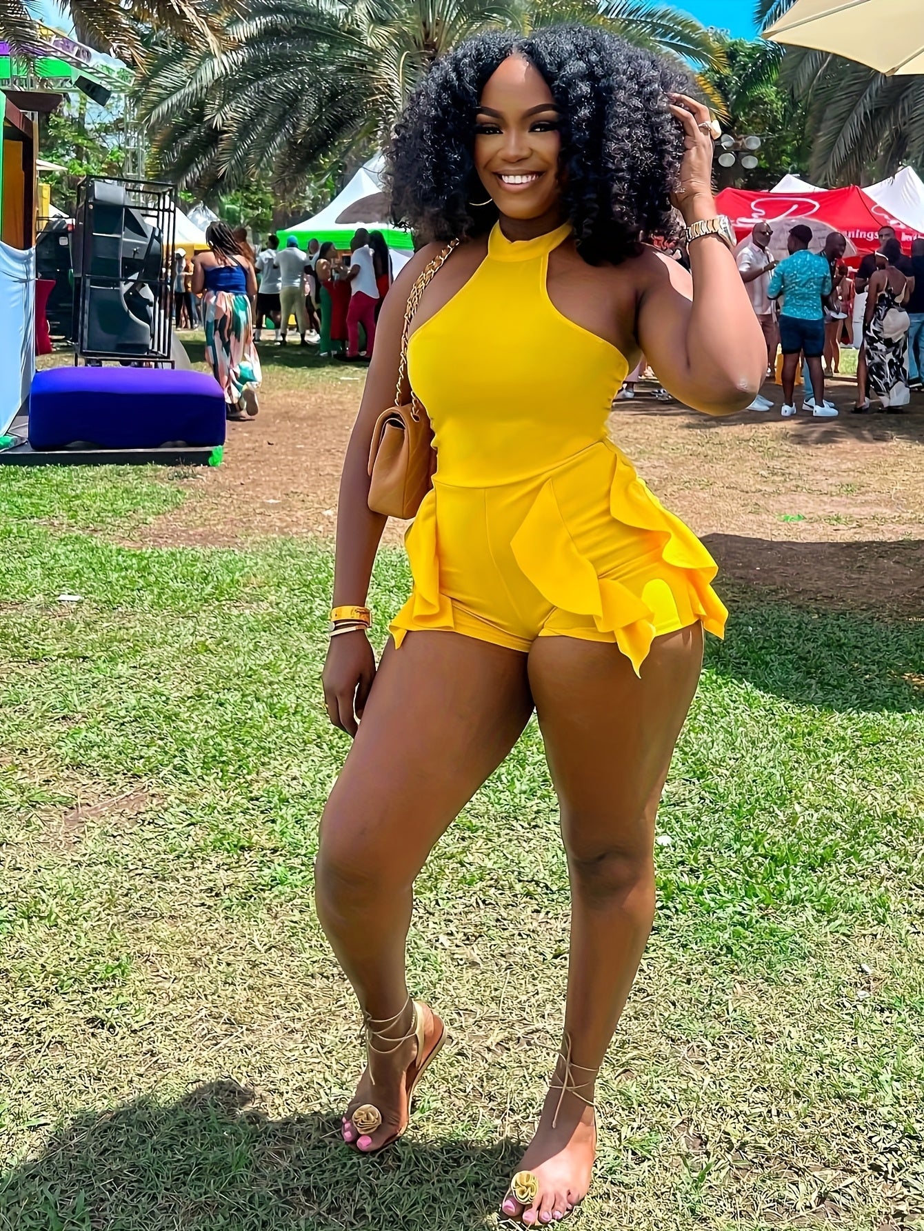 Women's Sexy Halter-Neck Romper with Flirty Ruffle Hem - Sleeveless Vibrant Yellow Stretchy Machine-Washable Jumpsuit for Spring/Summer Outings, Beach Parties & Casual Wear, Beach Dresses