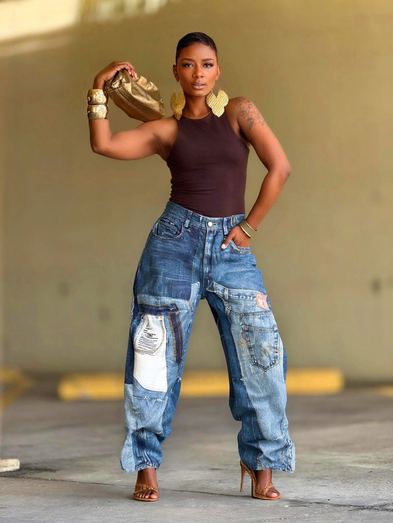 Women Non-Stretch Jeans - Oversized Straight Leg Pants with Button Closure, Plus Size Friendly, Casual Everyday Jeans for Fall/Winter Outfits   Durable Fabric, Patchwork Design, Sturdy Construction,