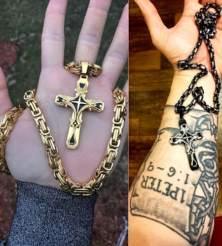 Men Stainless Steel Cross Necklace Set 2pcs Cuban Chain with Cross Pendant Retro Fashion Jewelry for Men