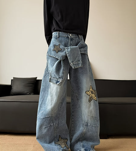 Men Wide Leg Jeans with Patchwork Embroidery | Deconstructed Scimitar Straight Leg Pants, Button Closure, Washed, Loose Fit, American Streetwear Trousers