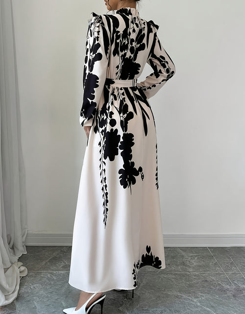 Load image into Gallery viewer, Elegant Floral Print Maxi Dress] Long Sleeve Elegant Floral Print Maxi Dress for Women - Machine Washable, Mock Neck with Belt Detail - Perfect for Spring
