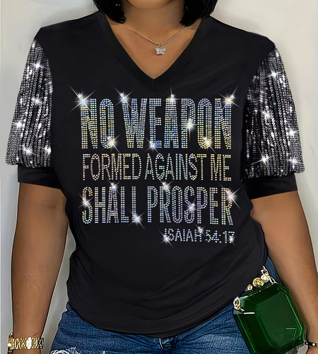 Sequin Craft "NO WEAPON FORMED" Colorful Silver Sequin Printed Plus-Size Women T-Shirt, Casual Patchwork