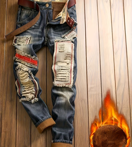 Men's -Lined Windproof Distressed Jeans - Heavy-Duty Winter Blue Wash Straight-Leg Pants with Ripped Knee/Ankle/Butt, All-Season Casual Streetwear (Machine Washable) for Cold Weather & Layered Outfits