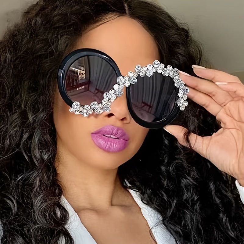 Women's Oversized Round Fashion Glasses | Composite Frame with Rhinestone Embellishments | Gradient Lenses | Sporty Street Style