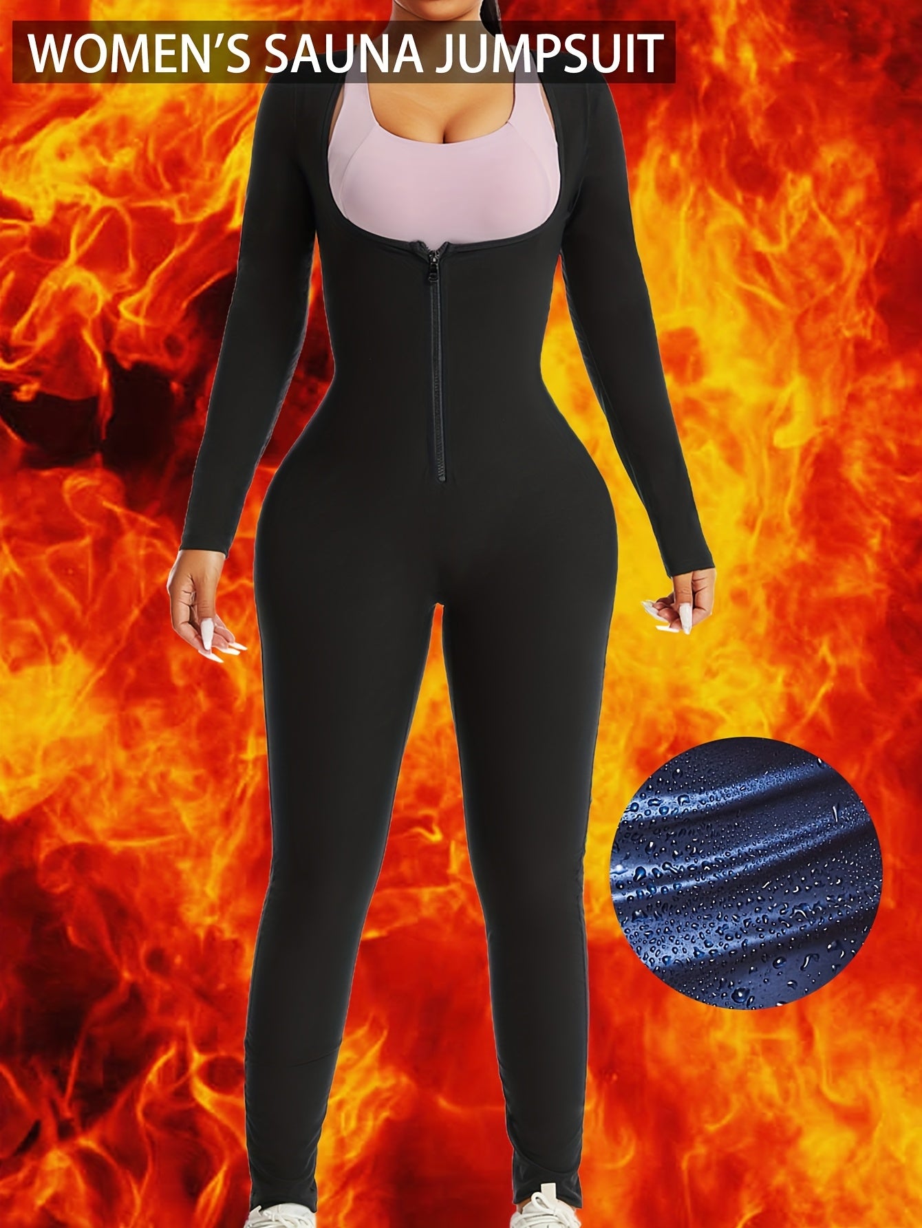 [Workout Jumpsuit] Women's Full-Zip Long Sleeve & Pants Workout Jumpsuit - Full-Body Bodysuit with Tummy Control, Sweat-Wicking Gym Suit for Running, Sauna, Spa, Swimming - Machine Washable Athletic One-Piece (No Underwear Ne