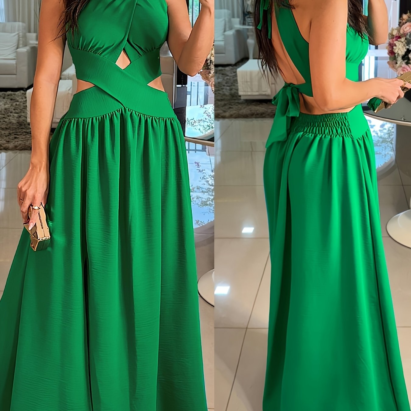 Sexy Backless Women's Evening Gown | Long Flared Skirt Formal Party Dress with Waist Cross Straps & Open Back, Round Neck Spring Summer Casual to Formal Attire