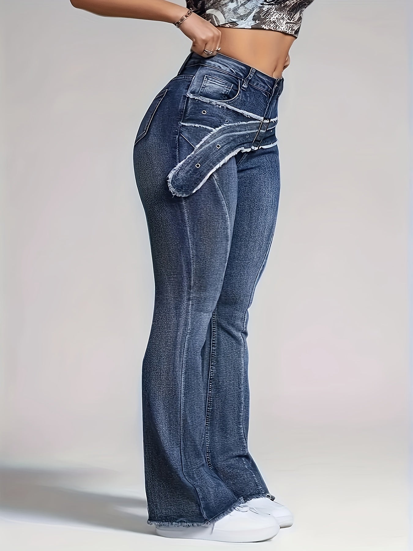 Ladies' Retro Washed Fringed Fake Waistband Design with Curved Edge And Slightly Flared Jeans