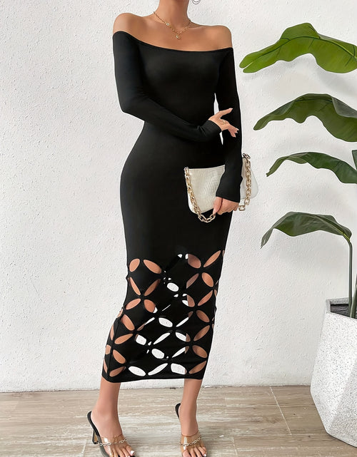 Load image into Gallery viewer, Women&#39;s Off-Shoulder Long Sleeve Bodycon Dress - Solid Color with Hollow Cut-Out Details, Stretchy Knit Fabric, Machine Washable, Spring/Summer Casual to Evening Wear
