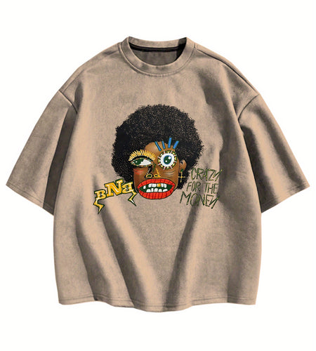 Loose Fit Short Sleeve T-Shirt - Retro Abstract Face & Geometric Print, Beige Unisex Casual Summer Top, Machine Washable, Bold Graphic Tee | Soft Texture Tee