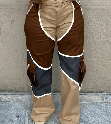 Ladies Fashion Long Overalls Zipper Closure Polyester Cargo Pants Sexy Patchwork Print All-Season Wear Hand Wash Recommended