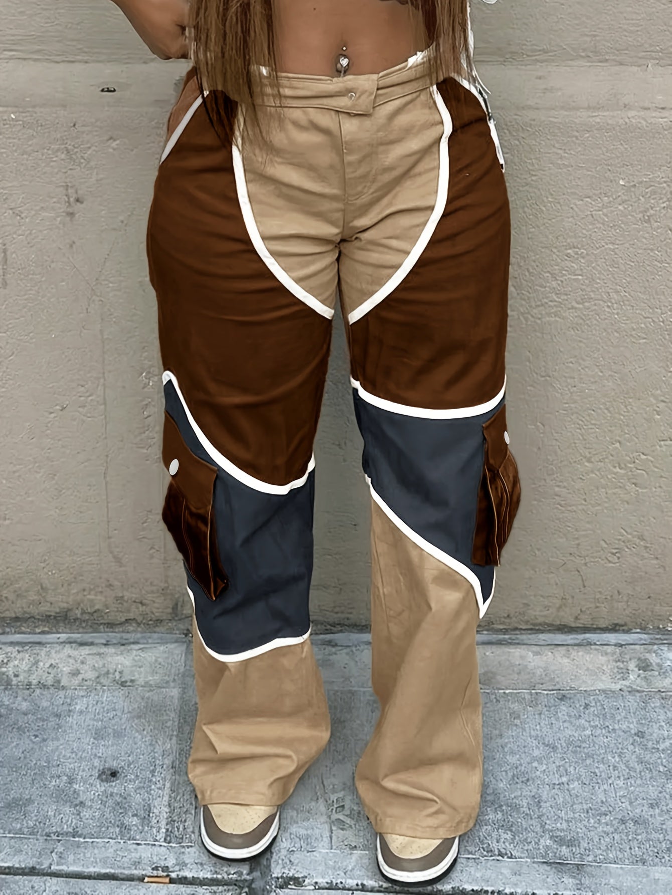 Ladies Fashion Long Overalls Zipper Closure Polyester Cargo Pants Sexy Patchwork Print All-Season Wear Hand Wash Recommended