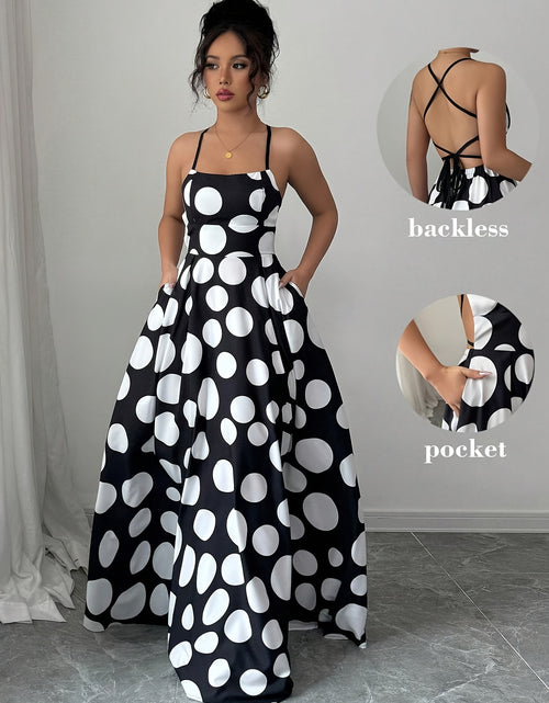 Load image into Gallery viewer, Women Sleeveless Black and White Polka Dot Maxi Dress with Tie Back Detail - Perfect for Spring/Summer/Fall, Vacation Style, Regular Fit, ,Flared Hem, Adult Size, Vacation Attire |Flared Hemline |Backless Dress
