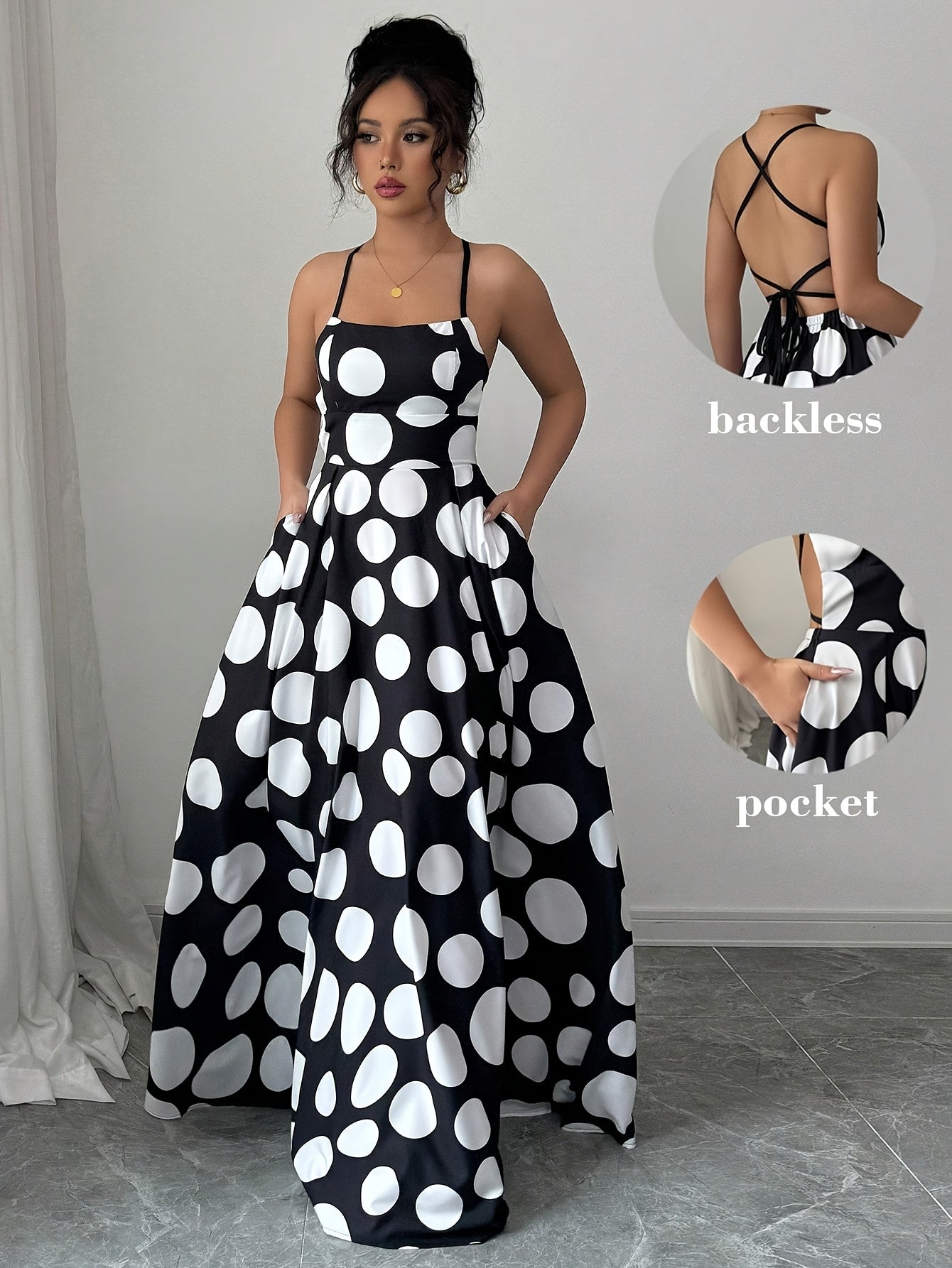 Women Sleeveless Black and White Polka Dot Maxi Dress with Tie Back Detail - Perfect for Spring/Summer/Fall, Vacation Style, Regular Fit, ,Flared Hem, Adult Size, Vacation Attire |Flared Hemline |Backless Dress