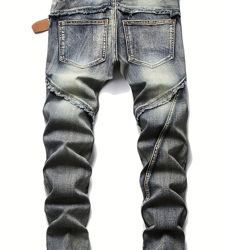 Men  Biker Moto Washed Distressed Slim Fit Straight Jeans Denim