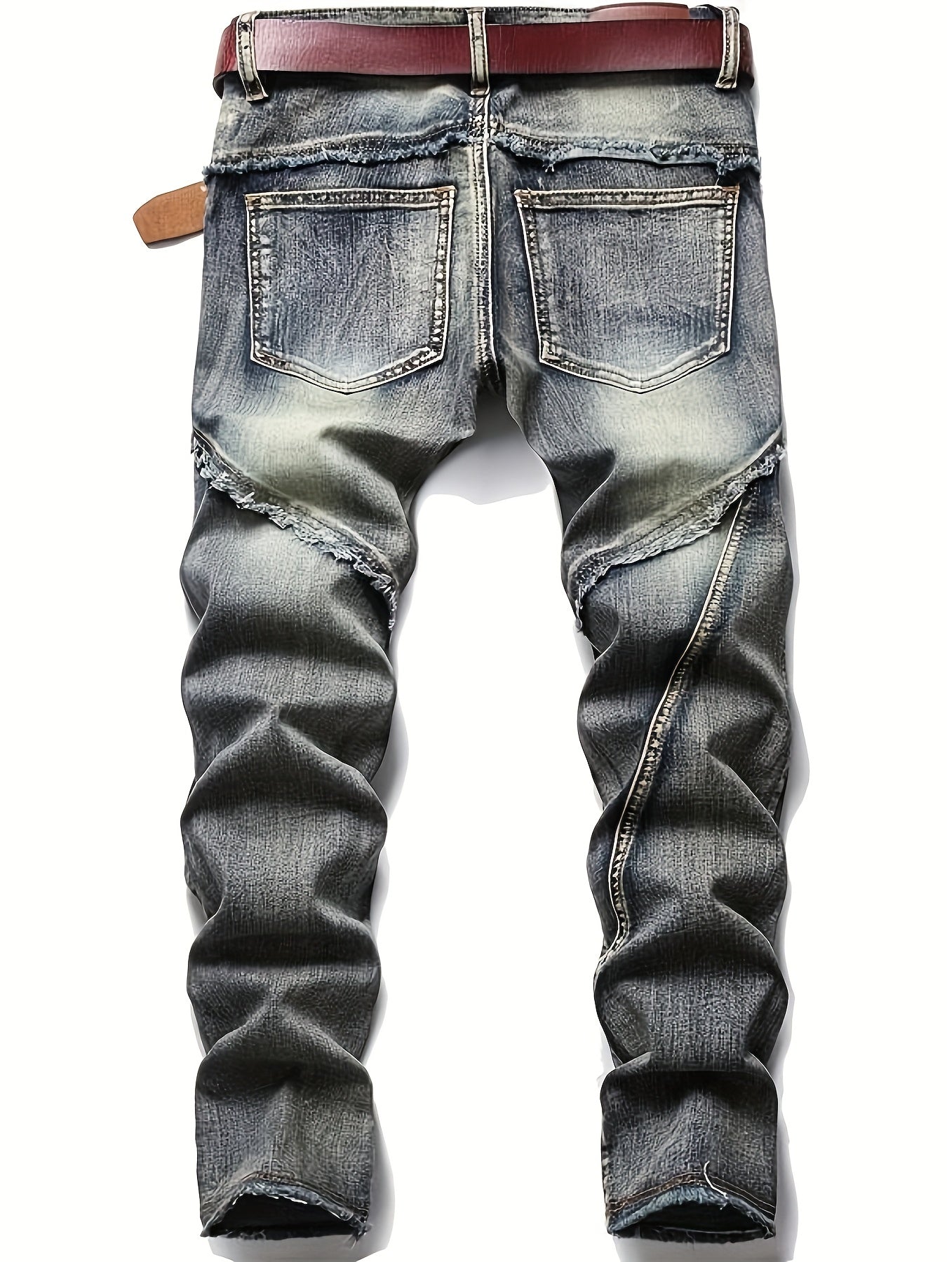 Men  Biker Moto Washed Distressed Slim Fit Straight Jeans Denim