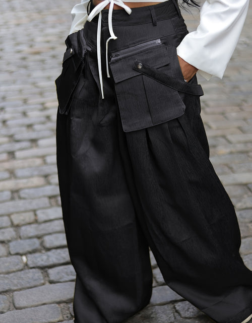 Load image into Gallery viewer, Women&#39;s High-Waisted Wide Leg Cargo Pants with Detachable 3D Pockets &amp; Side Zipper Pockets - Lightweight Stretch Polyester-Spandex Blend, Loose Fit Solid Color Trousers
