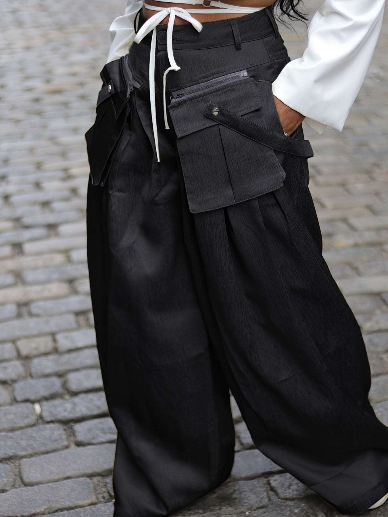 Women's High-Waisted Wide Leg Cargo Pants with Detachable 3D Pockets & Side Zipper Pockets - Lightweight Stretch Polyester-Spandex Blend, Loose Fit Solid Color Trousers