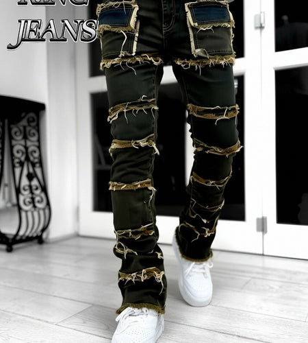 - Men Slim Straight Denim Trousers Featuring Layered Rips And Patchwork - Mid-Rise with a Zipper, Fringed Design, Ideal for Street Fashion,