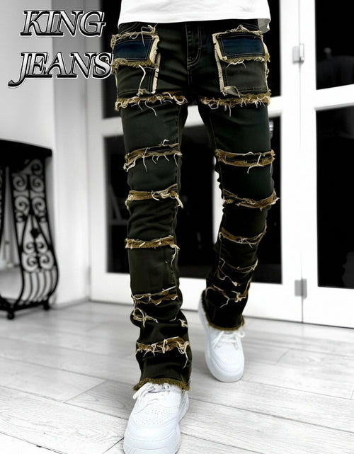 Load image into Gallery viewer, - Men Slim Straight Denim Trousers Featuring Layered Rips And Patchwork - Mid-Rise with a Zipper, Fringed Design, Ideal for Street Fashion,
